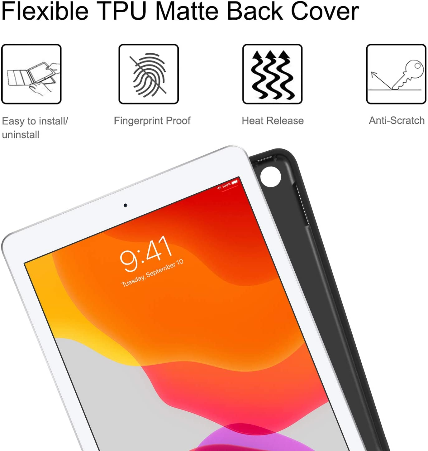 Eine schwarze Tablethülle mit einem Tablet, das einen orange-roten Bildschirm mit verschiedenen Symbolen zeigt.