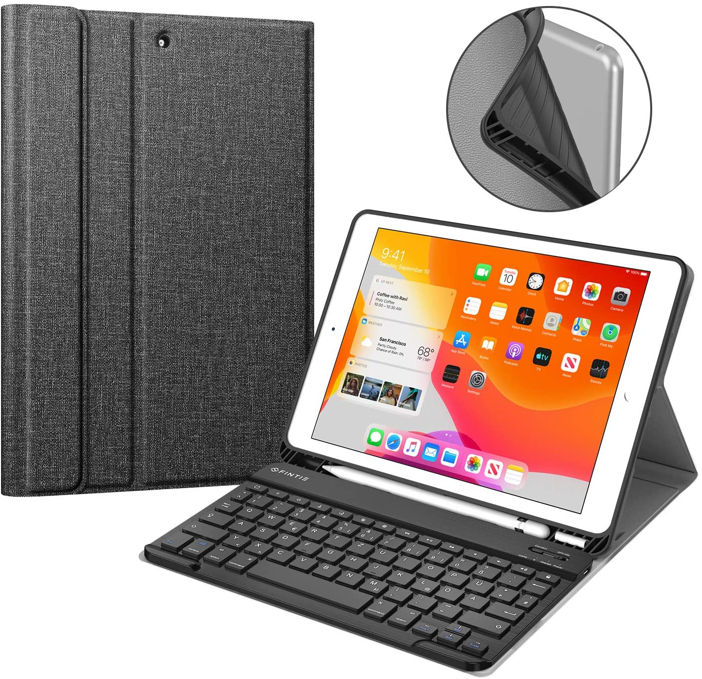2020/7. 2021/8. Generation FINTIE Dunkelgrau Tastatur, (9. Zoll 10.2 Hülle + iPad Apple, Gen Gen Bookcover, Jeansoptik 2019),