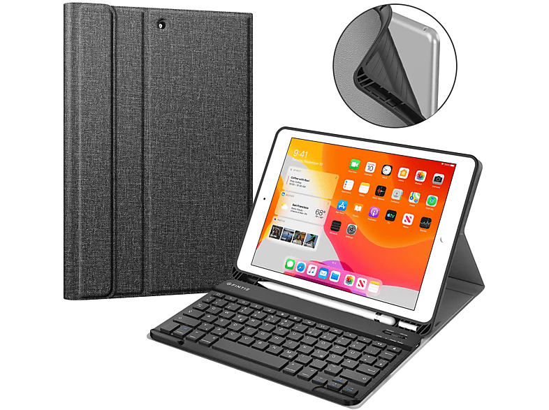 FINTIE Hülle + Tastatur, Bookcover, Apple, iPad 10.2 Zoll (9. Generation 2021/8. Gen 2020/7. Gen 2019), Jeansoptik Dunkelgrau