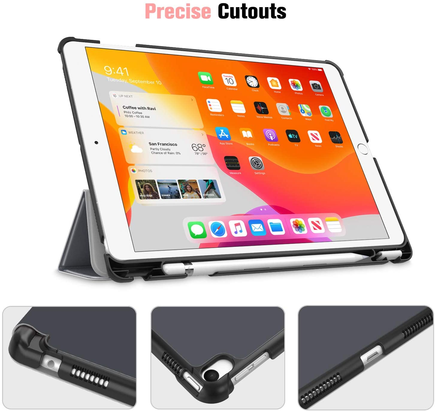 Tablet mit Hülle und Stylus. Der Bildschirm zeigt eine App mit Symbolen. Nahaufnahmen von Hüllendetails.