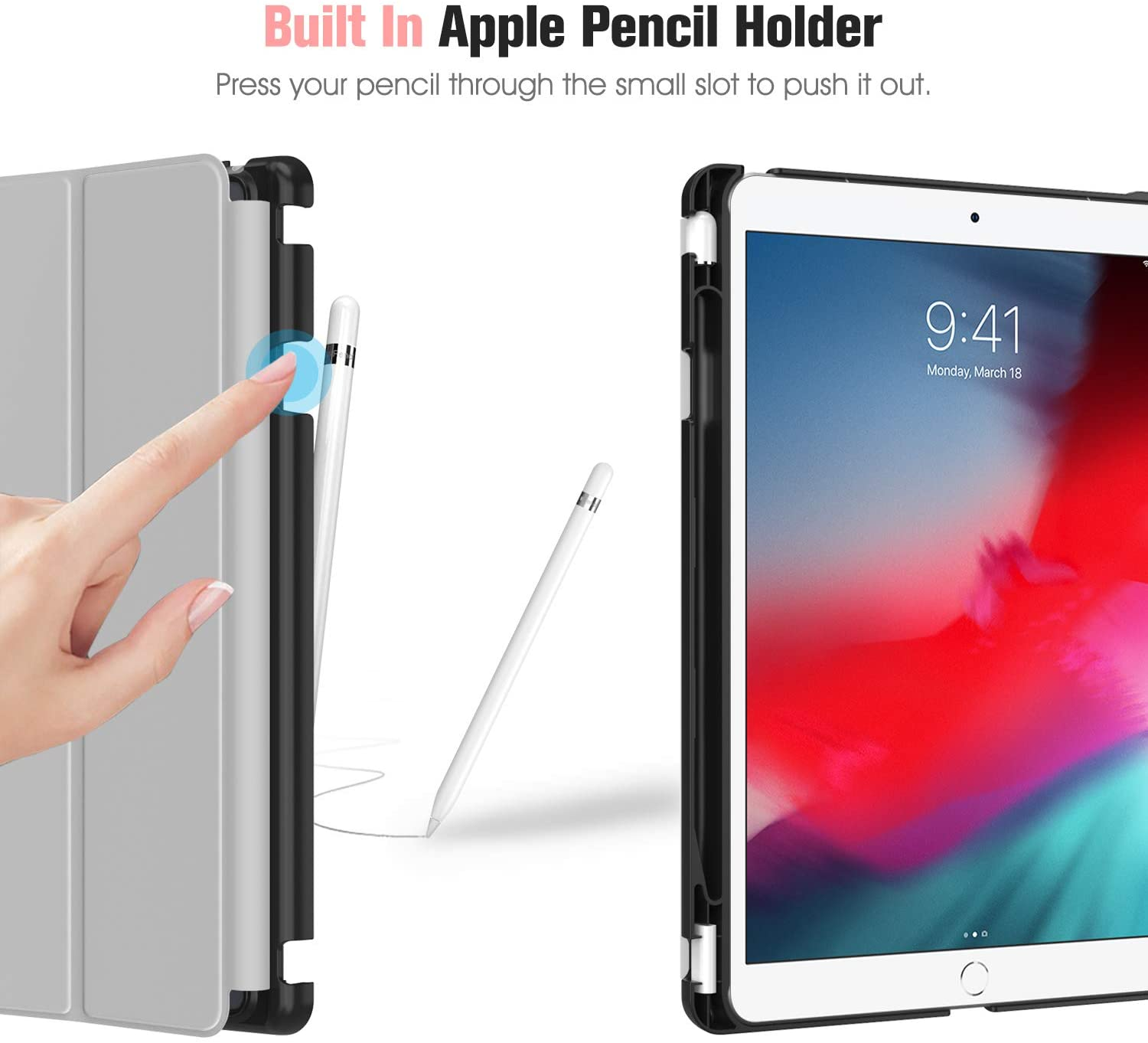 Eine Hand, die einen Apple Pencil in einen Schlitz auf einer Tablethülle drückt. Ein weiterer Stift wird gezeigt.