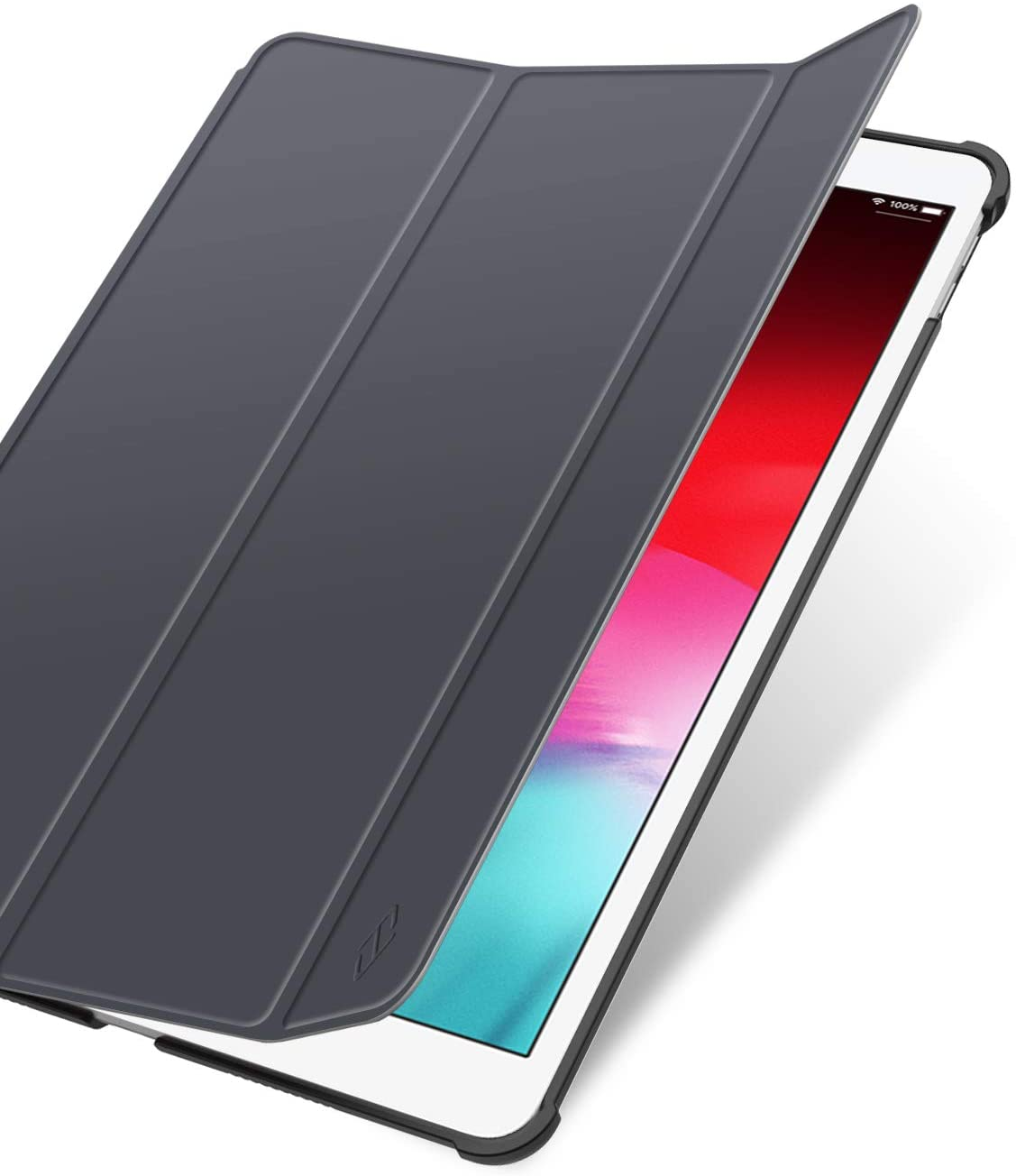 Eine dunkelgraue Tablethülle mit geöffneter Klappe, die den Bildschirm mit roten und blauen Farben zeigt.