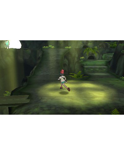 Eine Videospielszene mit einer Figur, die einen Steinpfad in einer Waldlandschaft mit grünem Hintergrund entlangläuft.