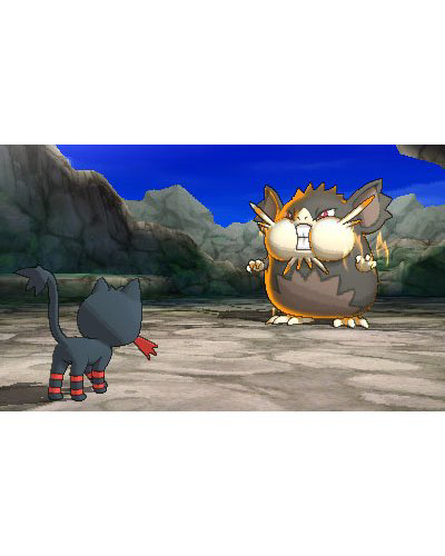 Zwei Cartoon-Pokemon-Charaktere stehen sich in einer Kampfszene gegenüber.