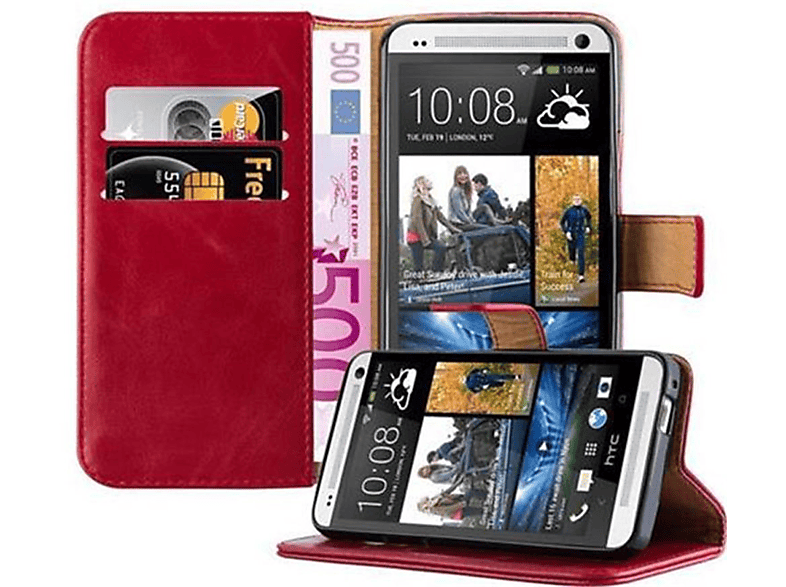 WEIN ROT Hülle ONE Book M7, HTC, Luxury Bookcover, CADORABO Style,