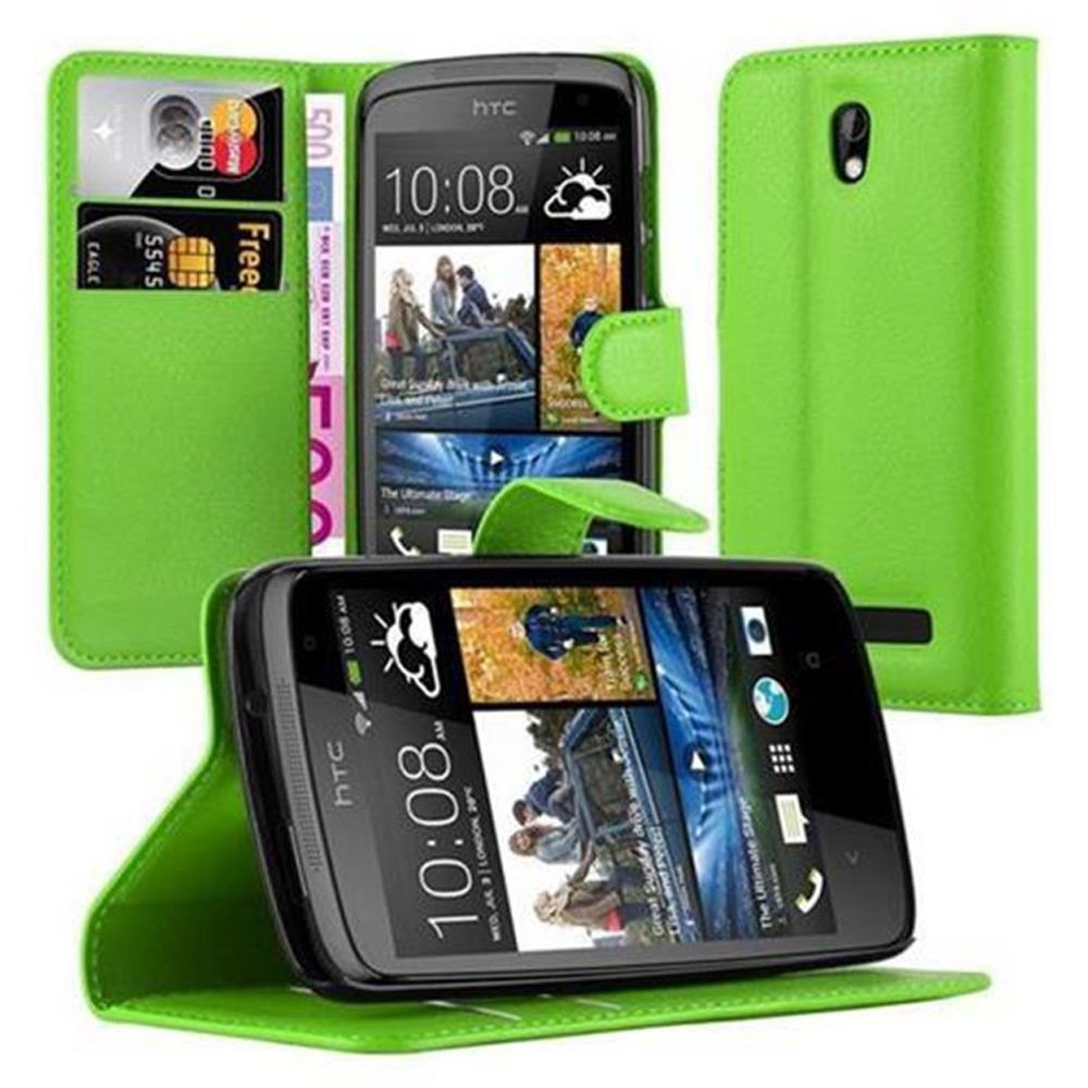 Grüne Telefon-Geldbörse mit Telefon, Karten und Bargeld. Telefon zeigt Bilder. Offene Geldbörse.