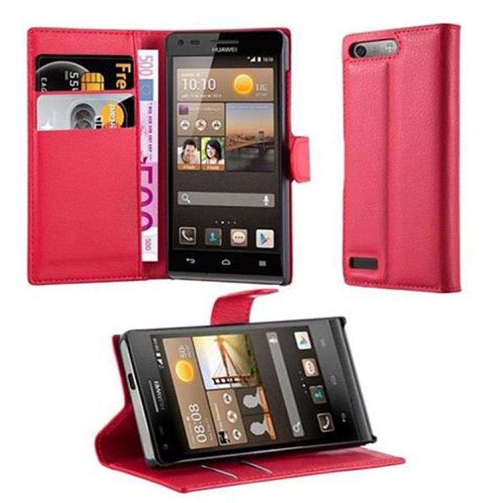 Funda de teléfono roja con diseño de cartera, mostrando un teléfono y ranuras para tarjetas y efectivo.
