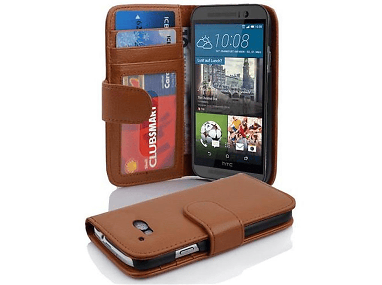 M9, BRAUN mit Standfunktuon, COGNAC Kartenfach CADORABO Book Hülle Bookcover, HTC, ONE