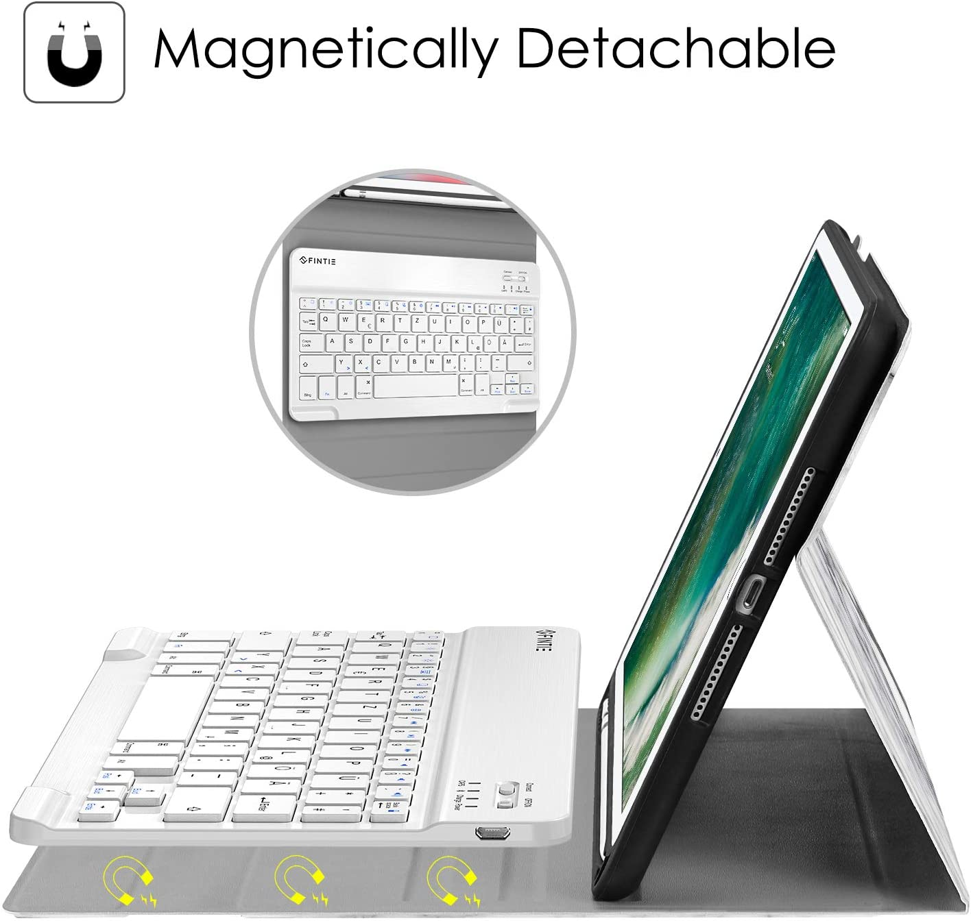 Eine weiße Tastatur und eine Tablet-Hülle mit einem Tablet. Die Tastatur befindet sich unter dem Tablet.