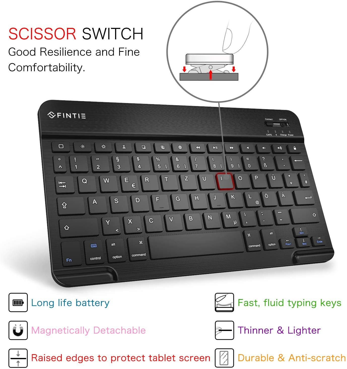 Schwarze Tastatur mit verschiedenen Tasten und Symbolen und Text: Scissor Switch, Long life battery, Magnetisch abnehmbar.