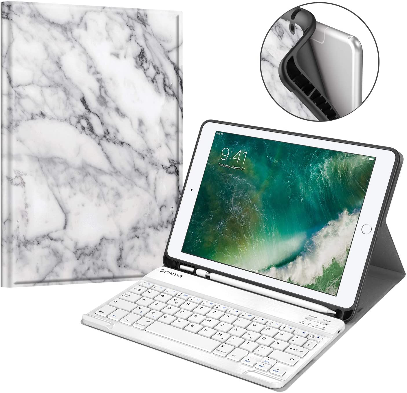 iPad-Hülle in Marmoroptik mit Tastatur und Bleistift.