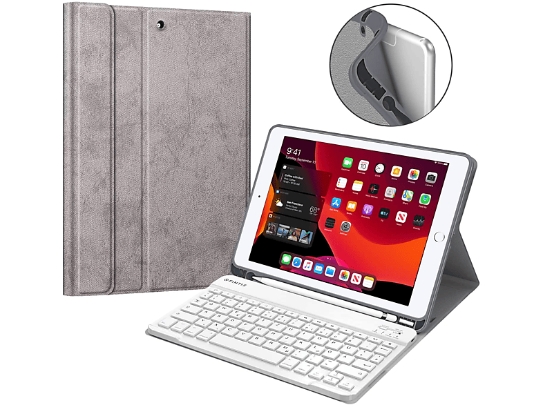 FINTIE Hülle + Tastatur Tablethülle Bookcover für Apple Kunstleder, Silber Grau
