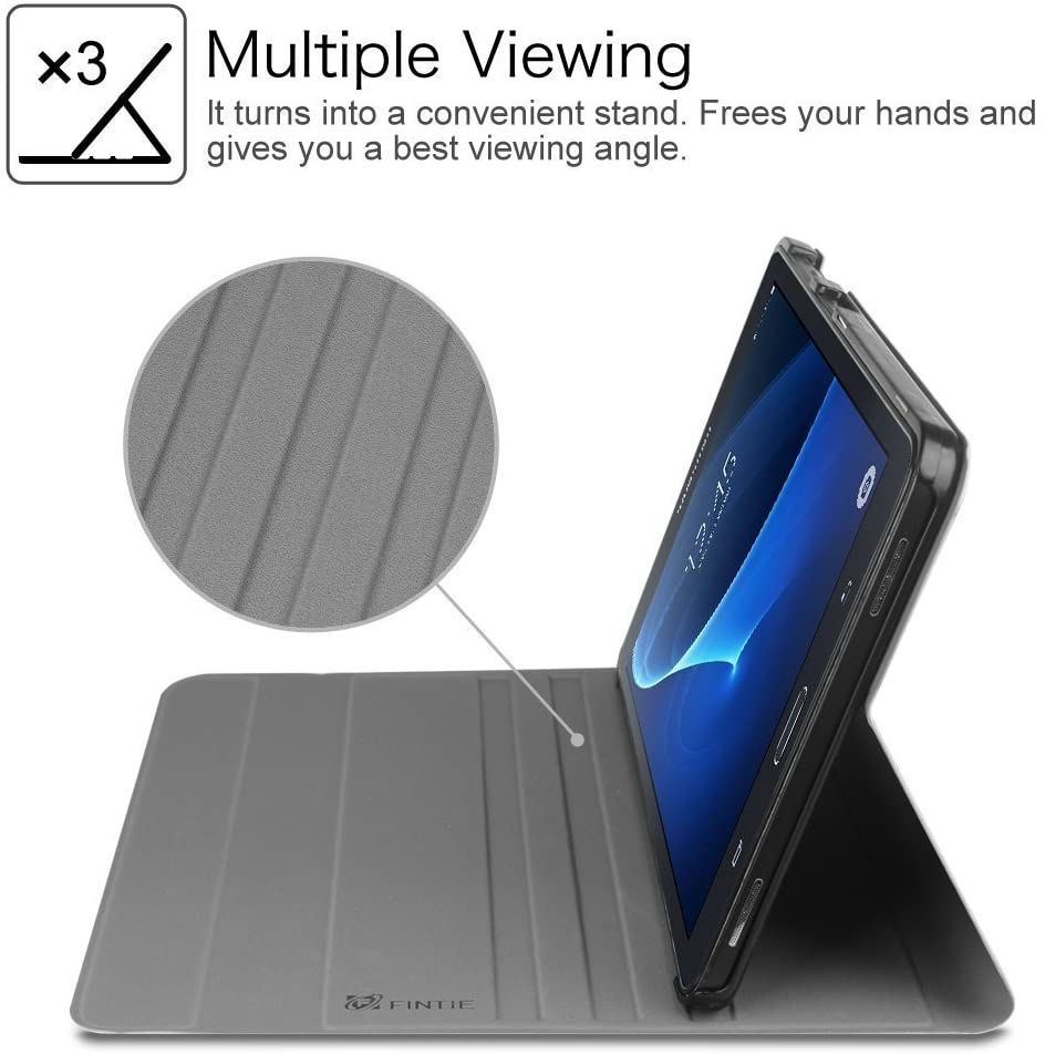 Graue Tablethülle mit Ständer. Tablet zeigt einen Bildschirm. Detailaufnahme der Gehäuseoberfläche.