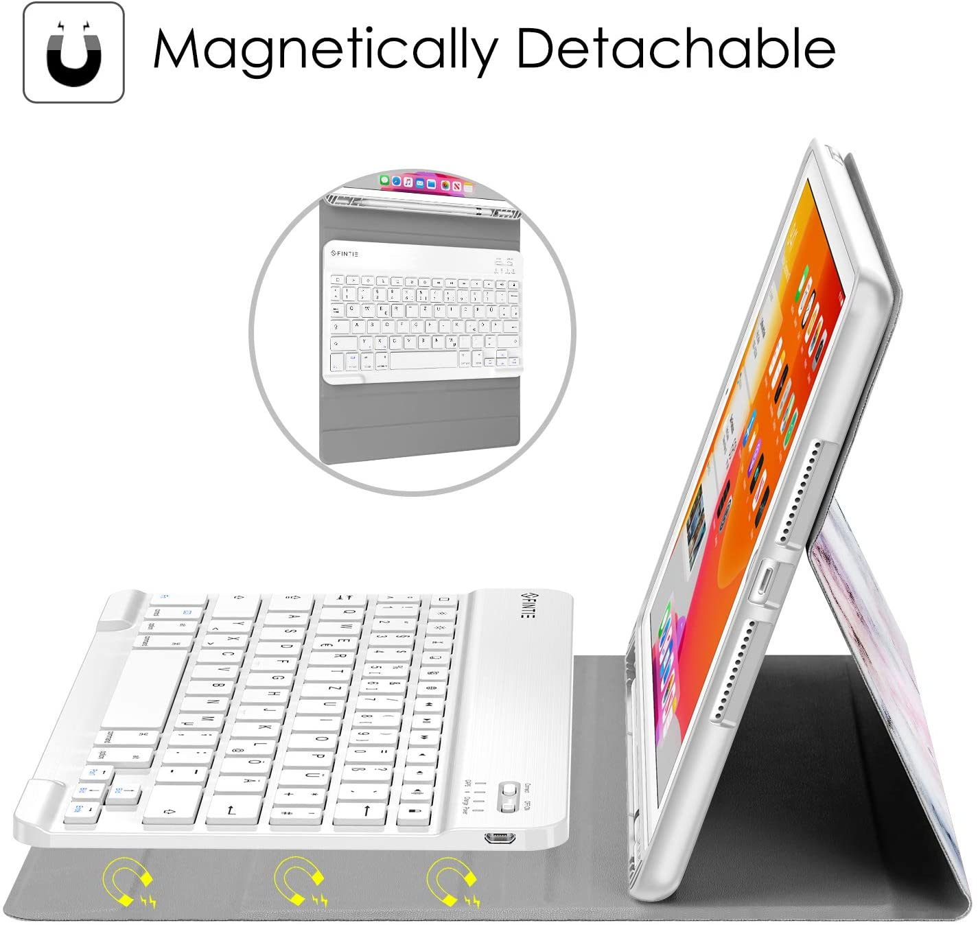 FINTIE Hülle + Tastatur Bookcover Apple für Rosa Marmor Tablethülle Kunstleder
