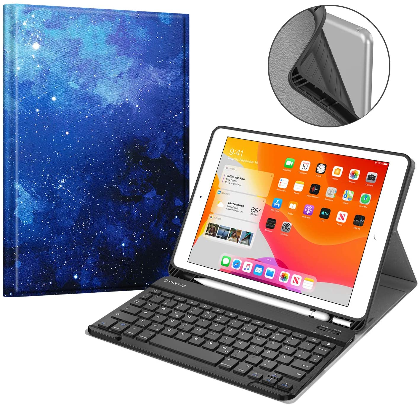 iPad Apple, Bookcover, + 2021/8. (9. 10.2 Gen Gen Tastatur, Zoll 2020/7. Hülle Generation 2019), FINTIE Sternenhimmel