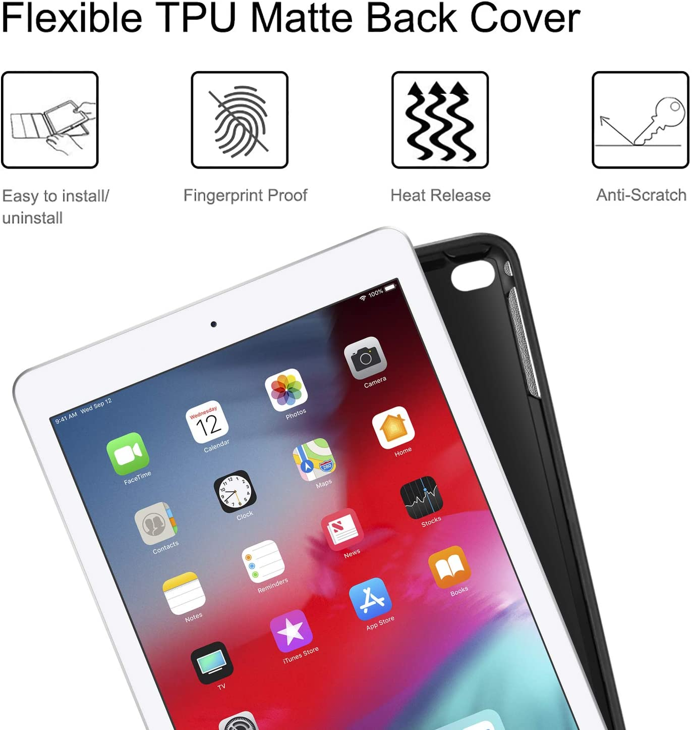 Weißes Tablet in schwarzer Hülle. Symbole auf dem Bildschirm sind Kalender, FaceTime und App Store.