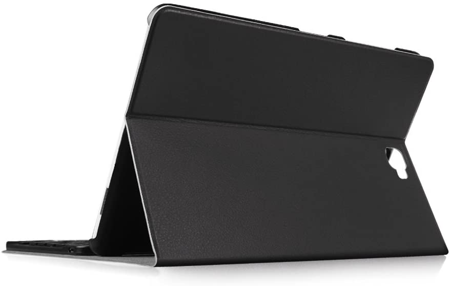 Geöffnete schwarze Tablet-Hülle, die Tastatur zeigend, weißer Hintergrund.
