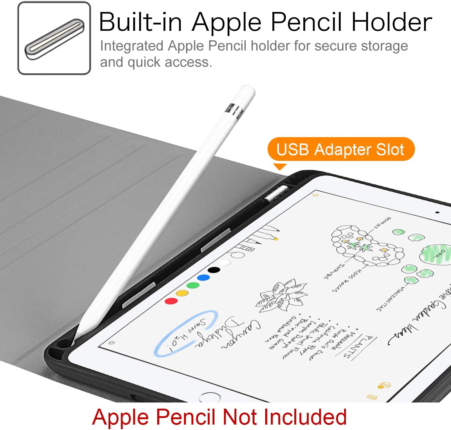 Tablet mit Stift und Hülle. Bildschirm zeigt Notizen. Graue Hülle. Weißer Hintergrund.