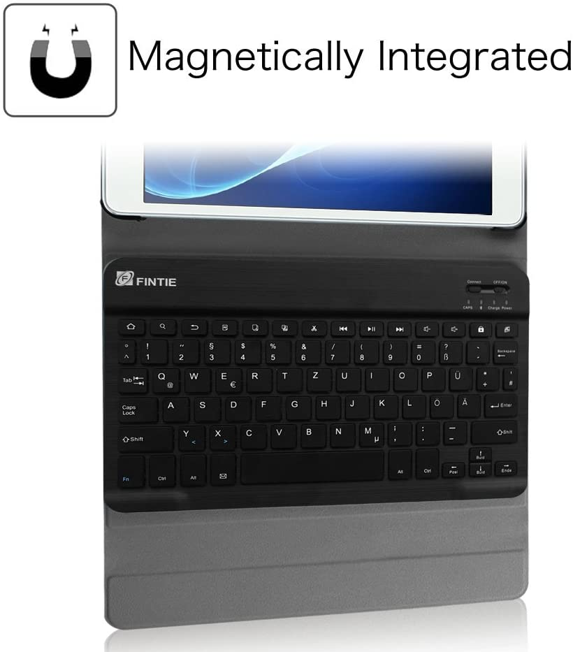 Tablet mit schwarzem Tastaturgehäuse. Die Tastatur hat schwarze Tasten. Der Tablet-Bildschirm zeigt ein blaues Bild.