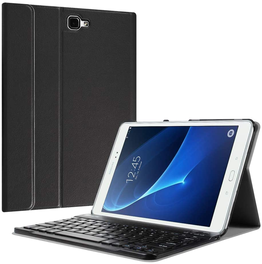 Schwarzes Tablet mit Tastaturhülle.