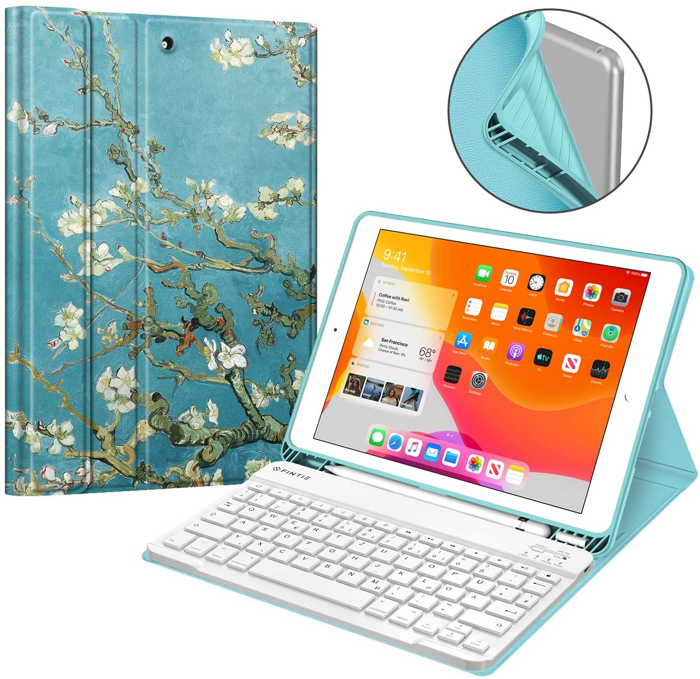 FINTIE Hülle + Tastatur Tablethülle Mandelblüten für Apple Kunstleder, Bookcover