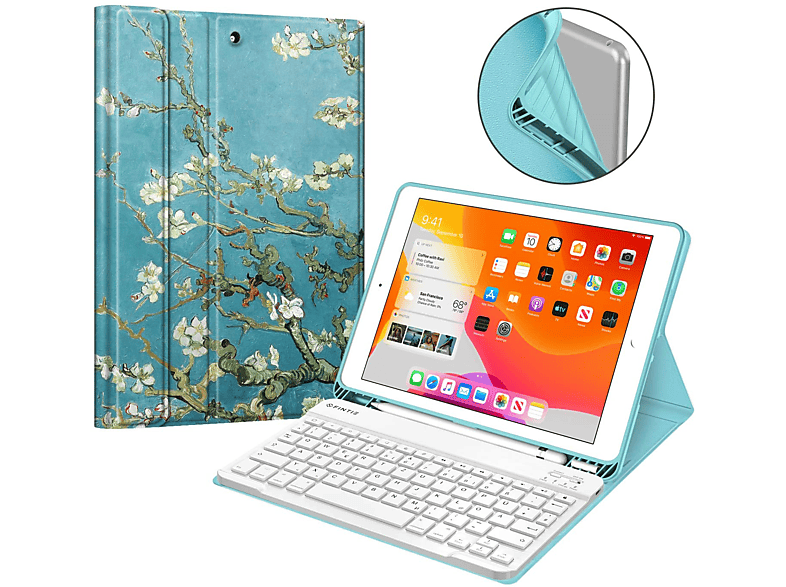 Tablethülle Kunstleder, für Hülle Apple Bookcover + Tastatur Mandelblüten FINTIE