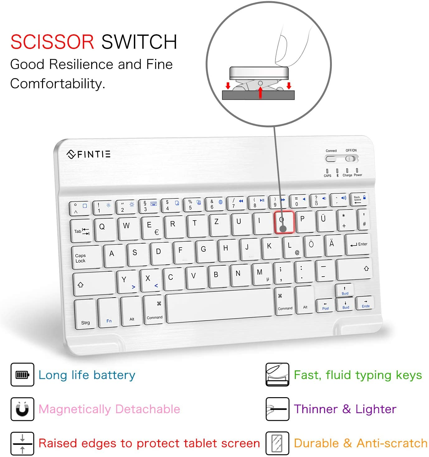 Weiße Tastatur mit Tasten, Diagrammen und Text, einschließlich Scherenschalter und langer Akkulaufzeit.