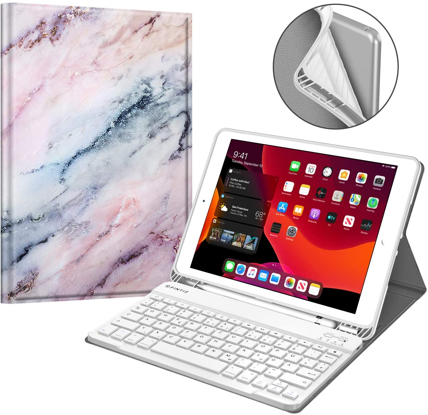 FINTIE Hülle + Tablethülle Marmor Kunstleder, für Rosa Apple Tastatur Bookcover