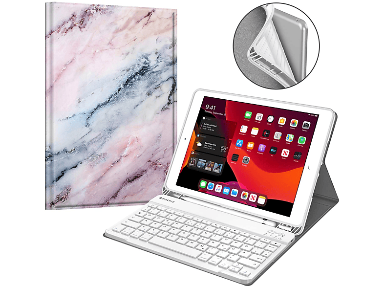 FINTIE Hülle + Tastatur Bookcover Apple für Rosa Marmor Tablethülle Kunstleder