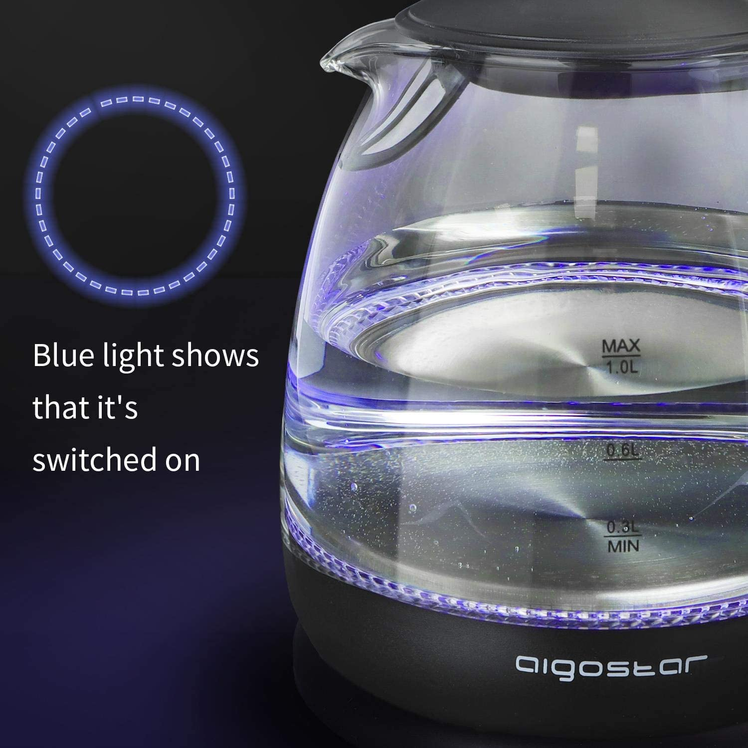 glas 204907 AIGOSTAR 30IAX Elfin schwarz Mini mit LED-Beleuchtung, Wasserkocher