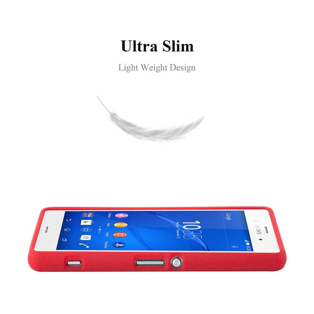 Ein Telefon in einer roten Hülle liegt auf einer weißen Oberfläche. Text: Ultra Slim, Light Weight Design. Eine Feder schwebt darüber.