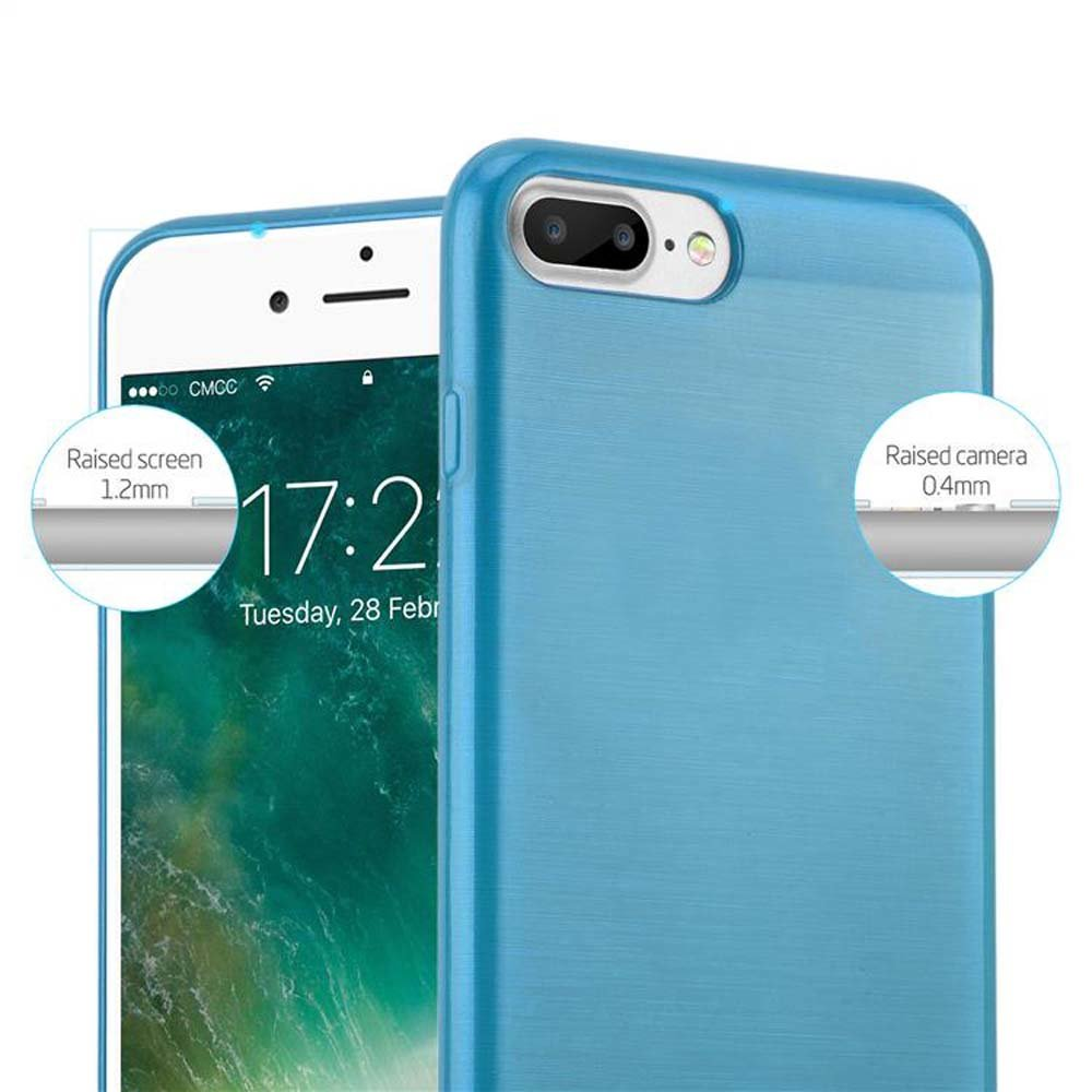 Funda de teléfono azul con un teléfono que muestra la hora. La funda tiene una cámara y pantalla elevadas.