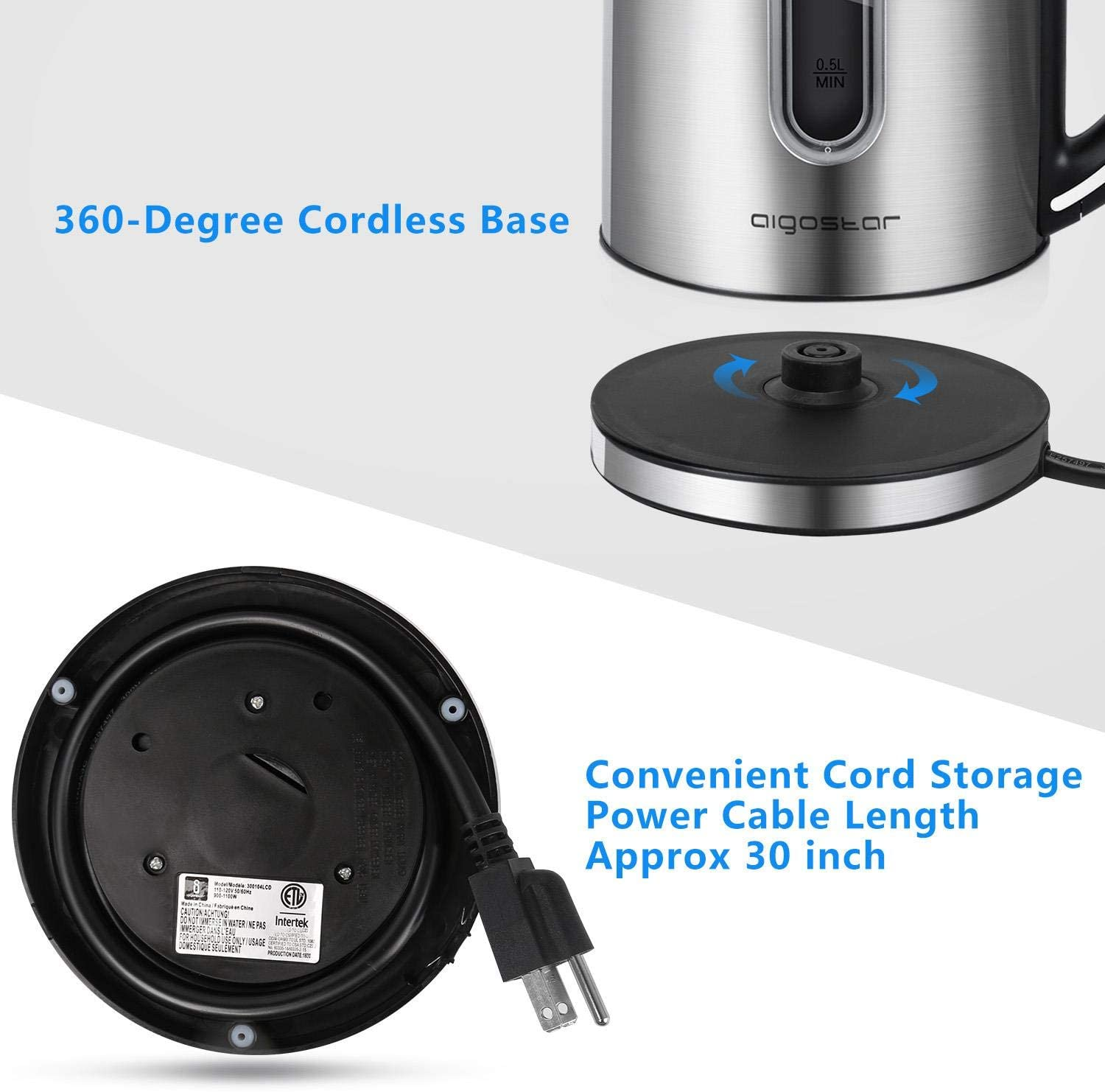Bollitore elettrico e base. Vani cavo e base girevole a 360° visibili.