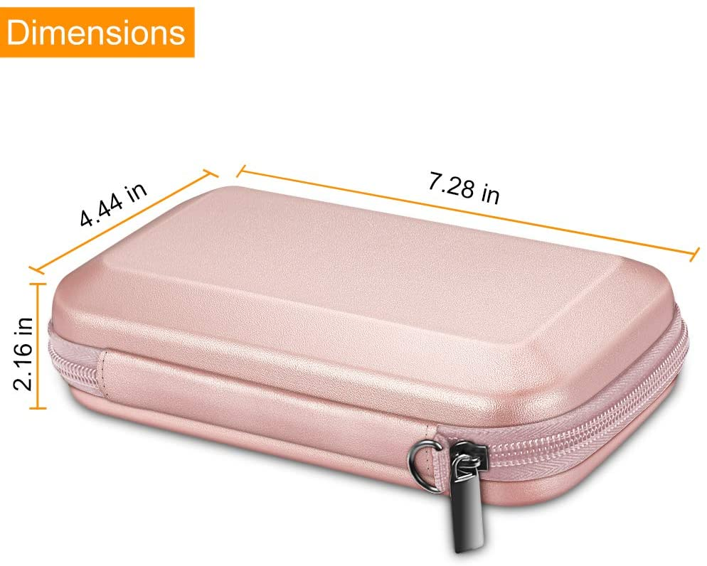 Ein rosa Etui mit Abmessungen. Es hat einen Reißverschluss und einen silbernen Reißverschlusszipper. Die Abmessungen werden angezeigt.