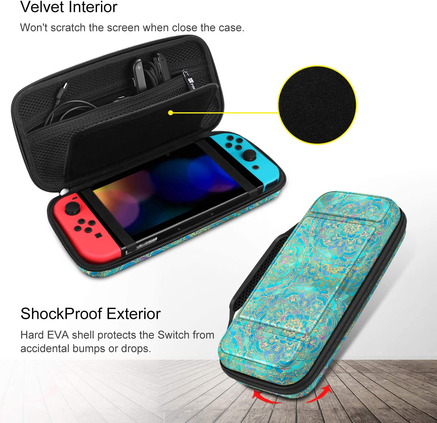 Eine türkis Switch-Hülle mit farbenfrohem Design, offen mit einem Switch darin. Text sagt, ShockProof Exterior.