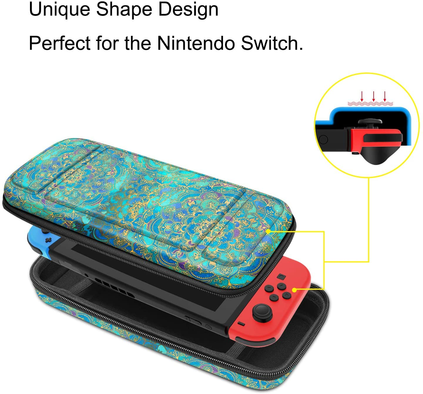 Nintendo Switch Hülle mit Muster, geöffnet mit Konsole und rot/blauen Controllern sichtbar.
