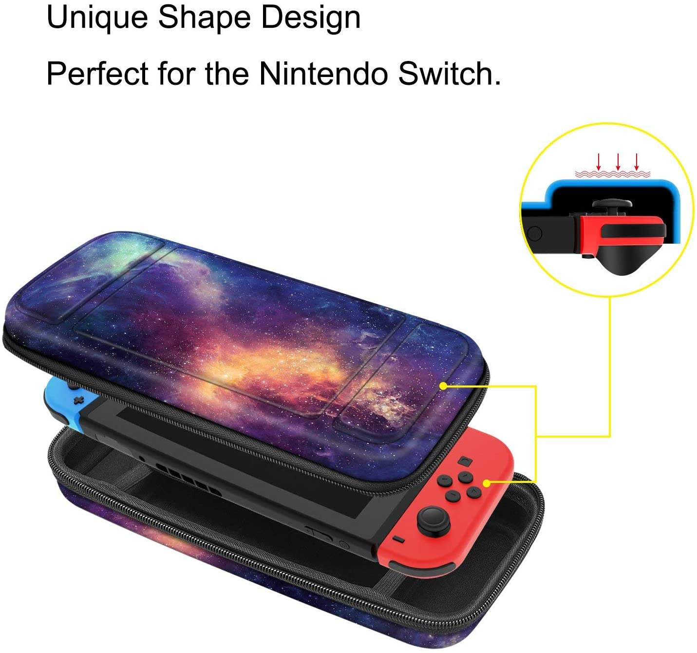 Nintendo Switch-Hülle mit Konsole, schwarze Hülle mit Galaxien-Design.