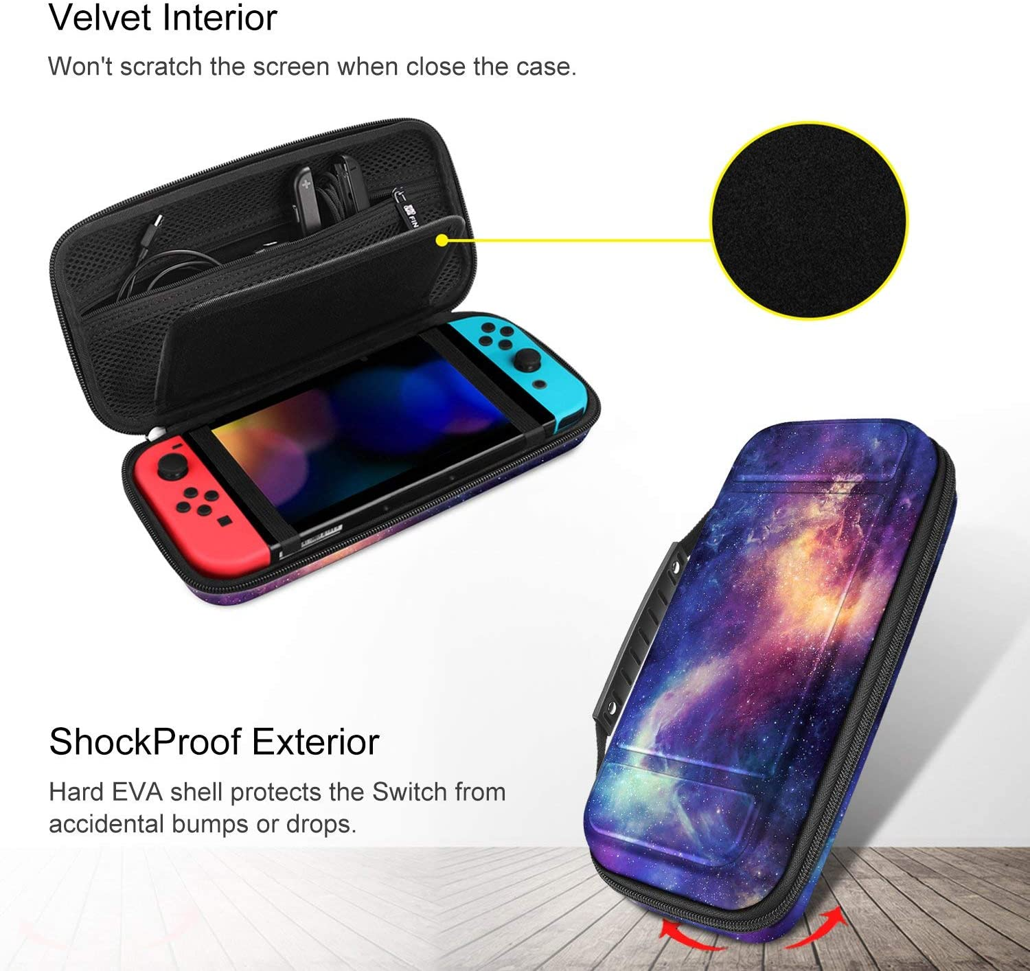 Nintendo Switch in einem Etui. Schwarzes Etui mit buntem Galaxy-Design, Reißverschluss.