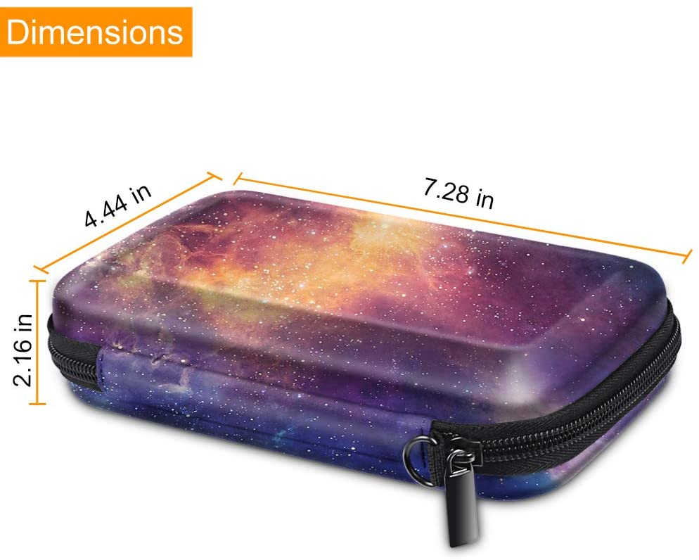 Schwarz-violettes Etui mit Abmessungen. Sieht nach einem Gehäuse für eine Festplatte aus.