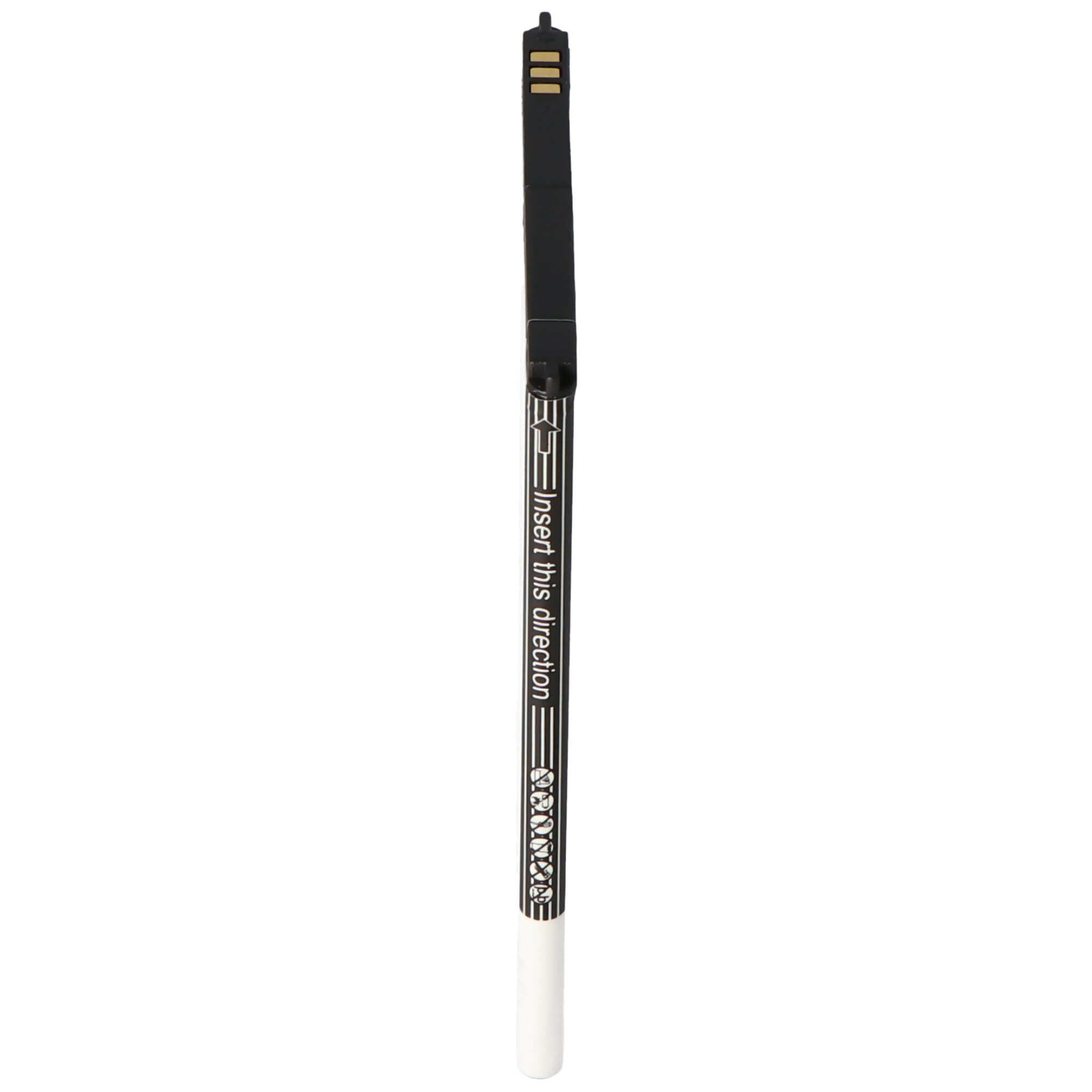 Schwarz-weißer Stift. Er hat den Text 'Insert this direction' und ein gedrucktes Logo.