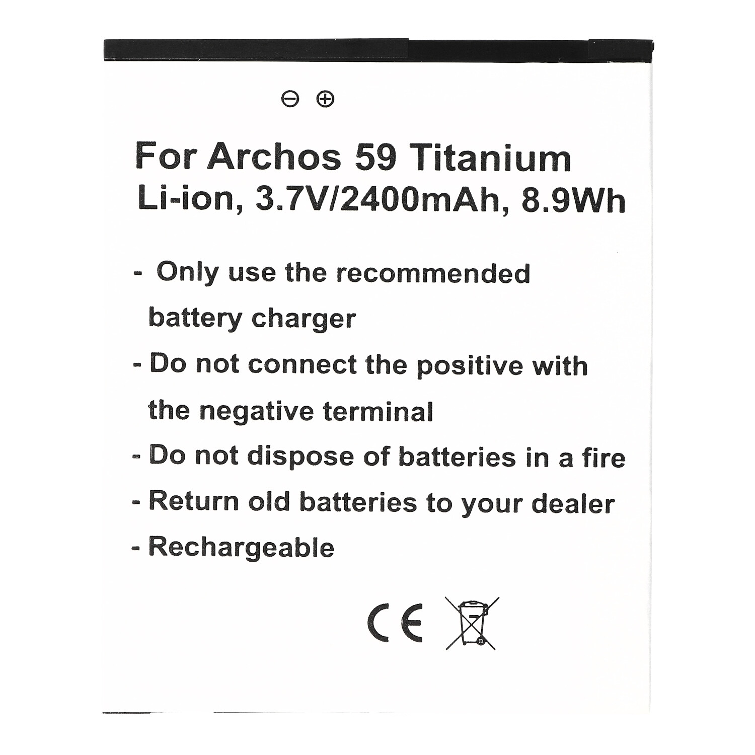 Wit etiket met tekst: Voor Archos 59 Titanium batterij. Bevat instructies, waarschuwingen en CE-markering.