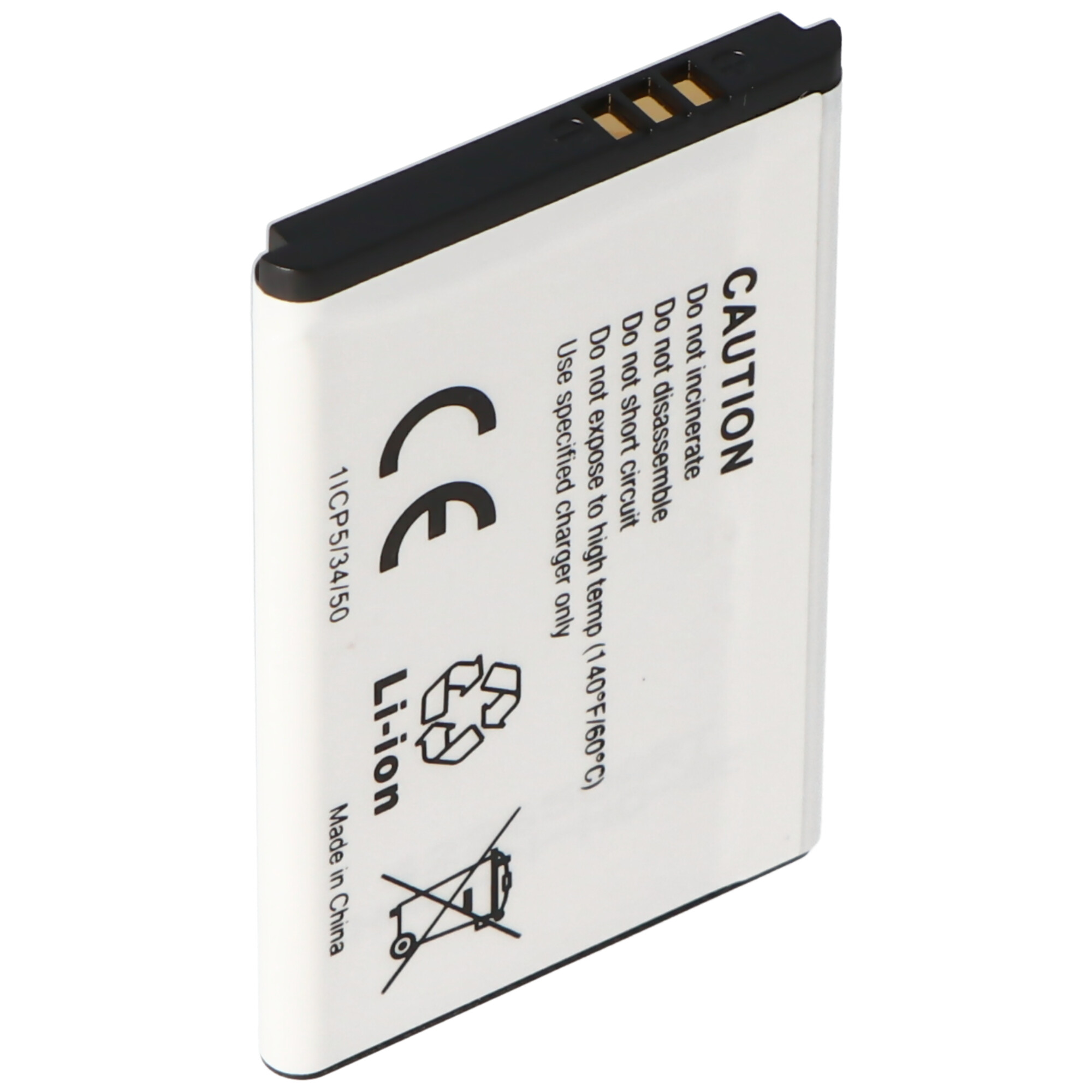 Weiße und schwarze rechteckige Batterie mit Text und Symbolen auf weißem Hintergrund.