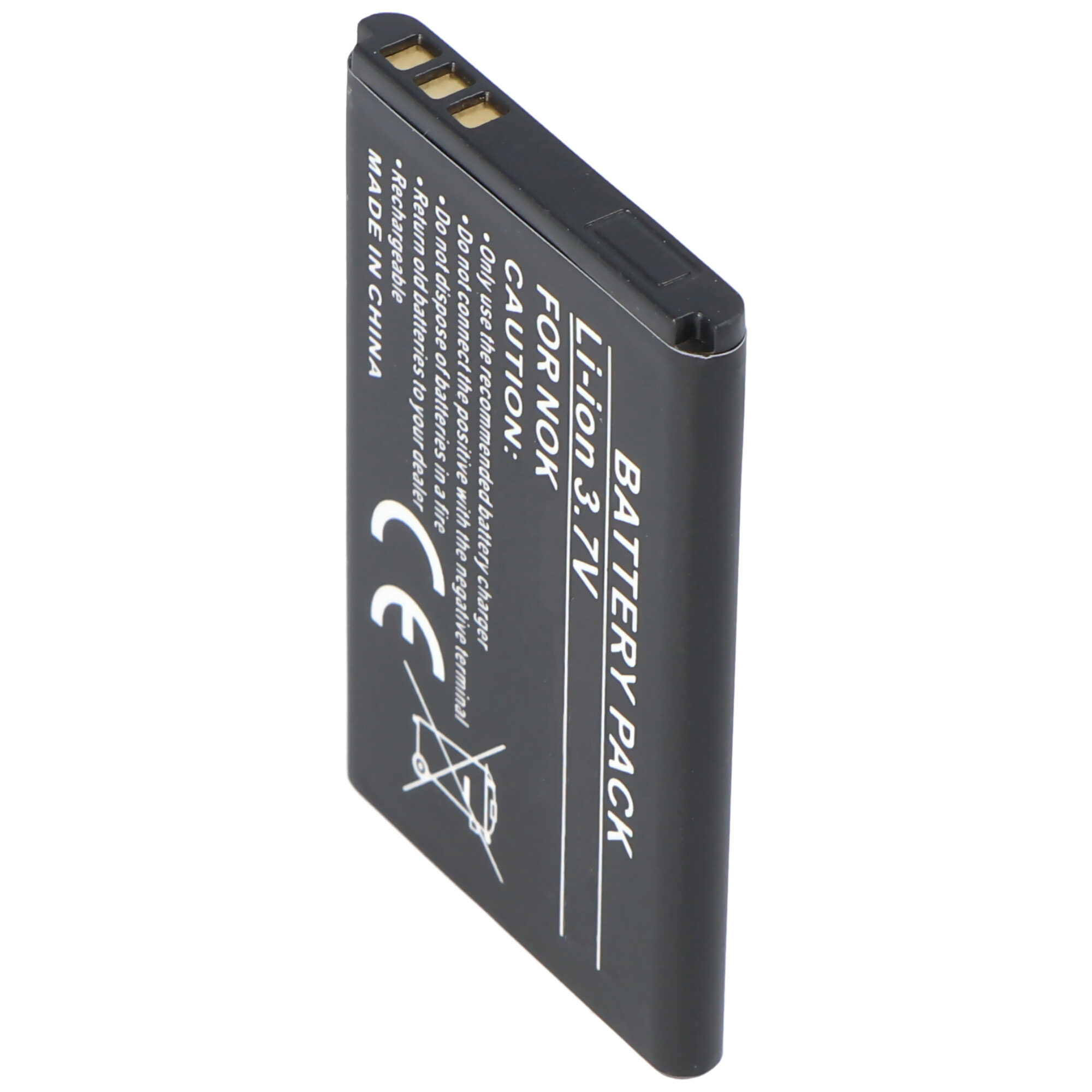Ein schwarzes Telefon-Akkupack wird gezeigt. Es hat Text und Symbole auf seiner Oberfläche aufgedruckt.