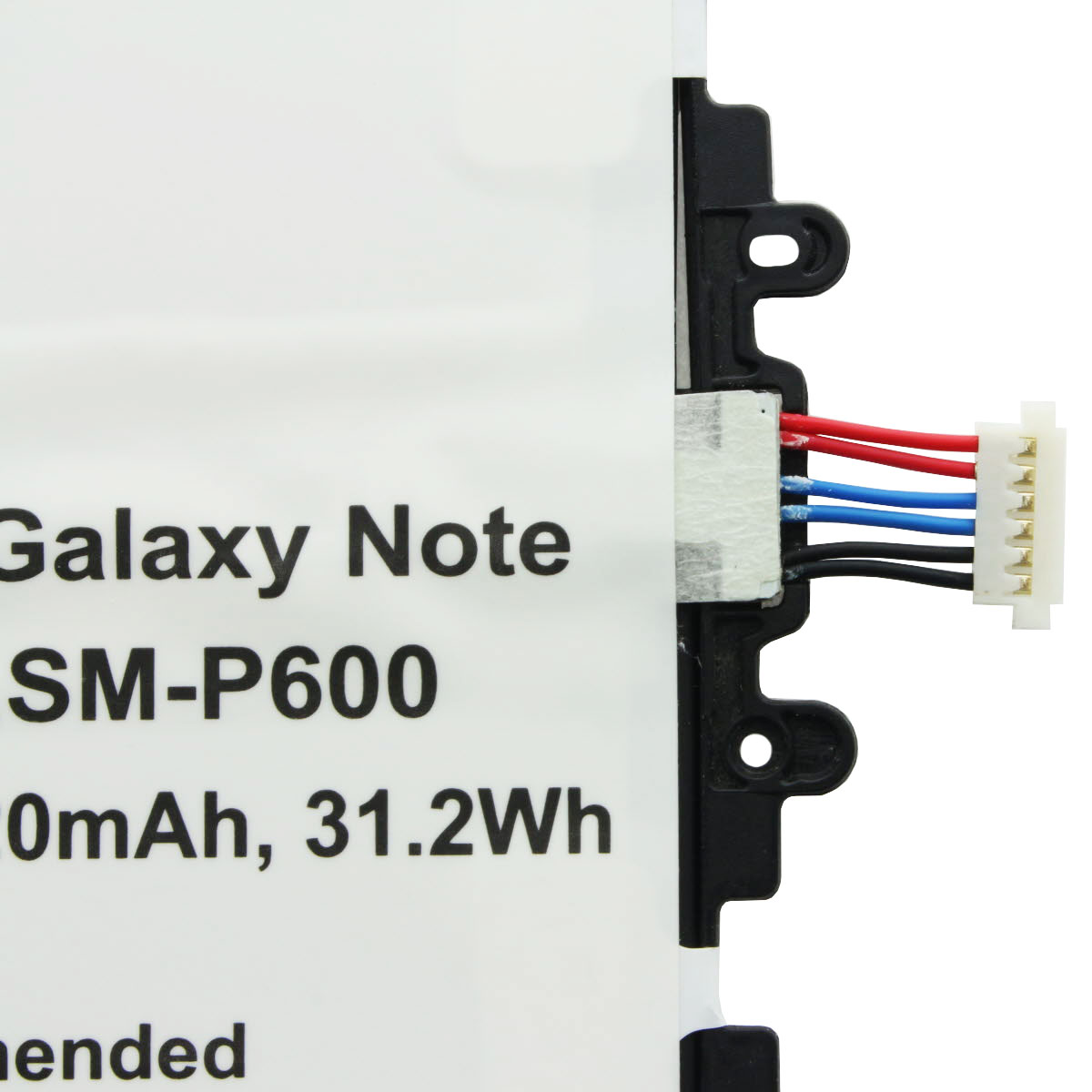 Ein Akku mit Kabeln und einem weißen Etikett: Galaxy Note SM-P600, 700mAh, 31,2Wh.