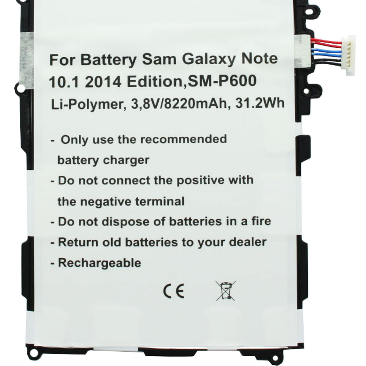 Eine weiße Batterie mit schwarzen Rändern und Text. Es steht 'For Battery Sam Galaxy Note'.