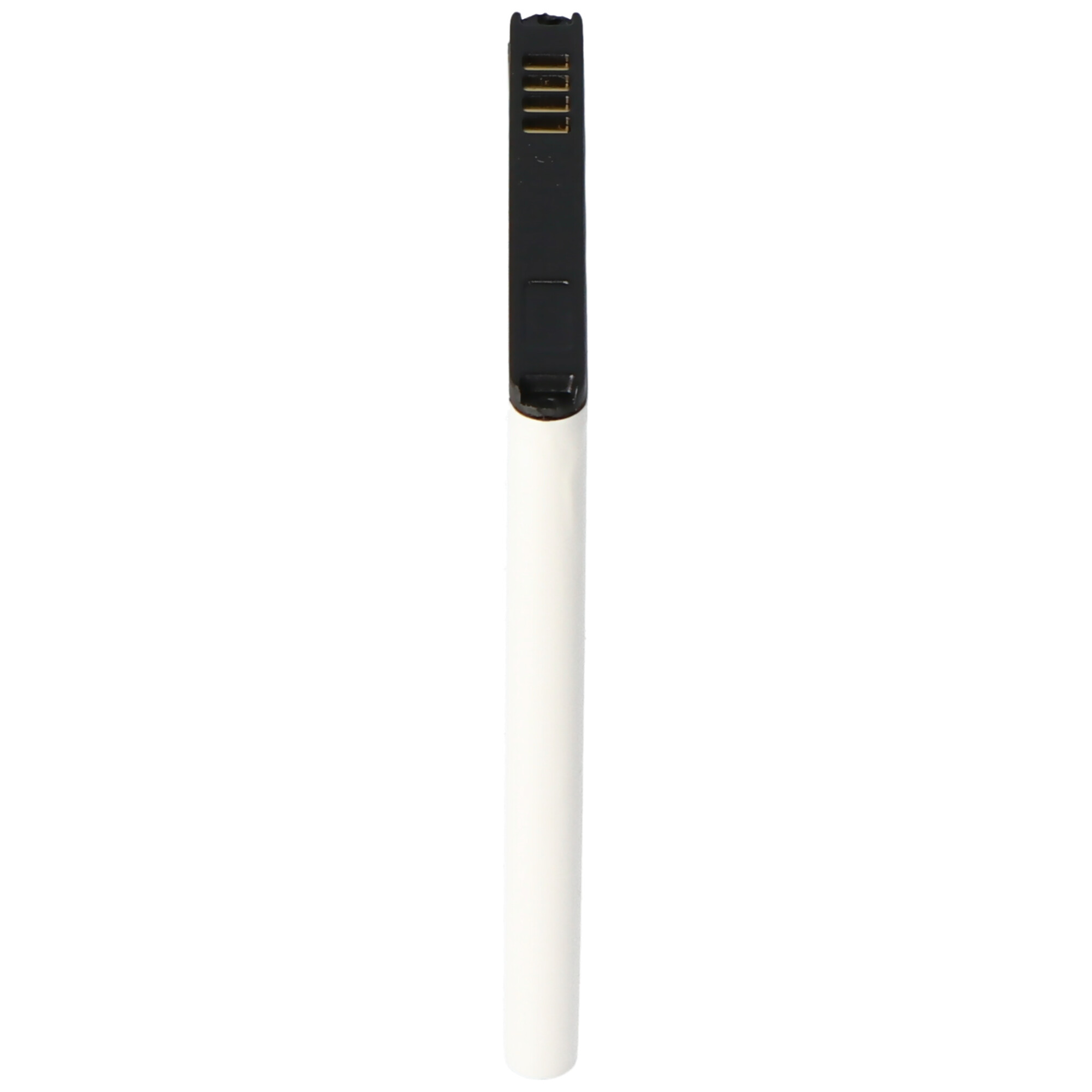 Weiß-schwarzes stiftförmiges Objekt, wahrscheinlich ein Vape Pen, vor weißem Hintergrund.