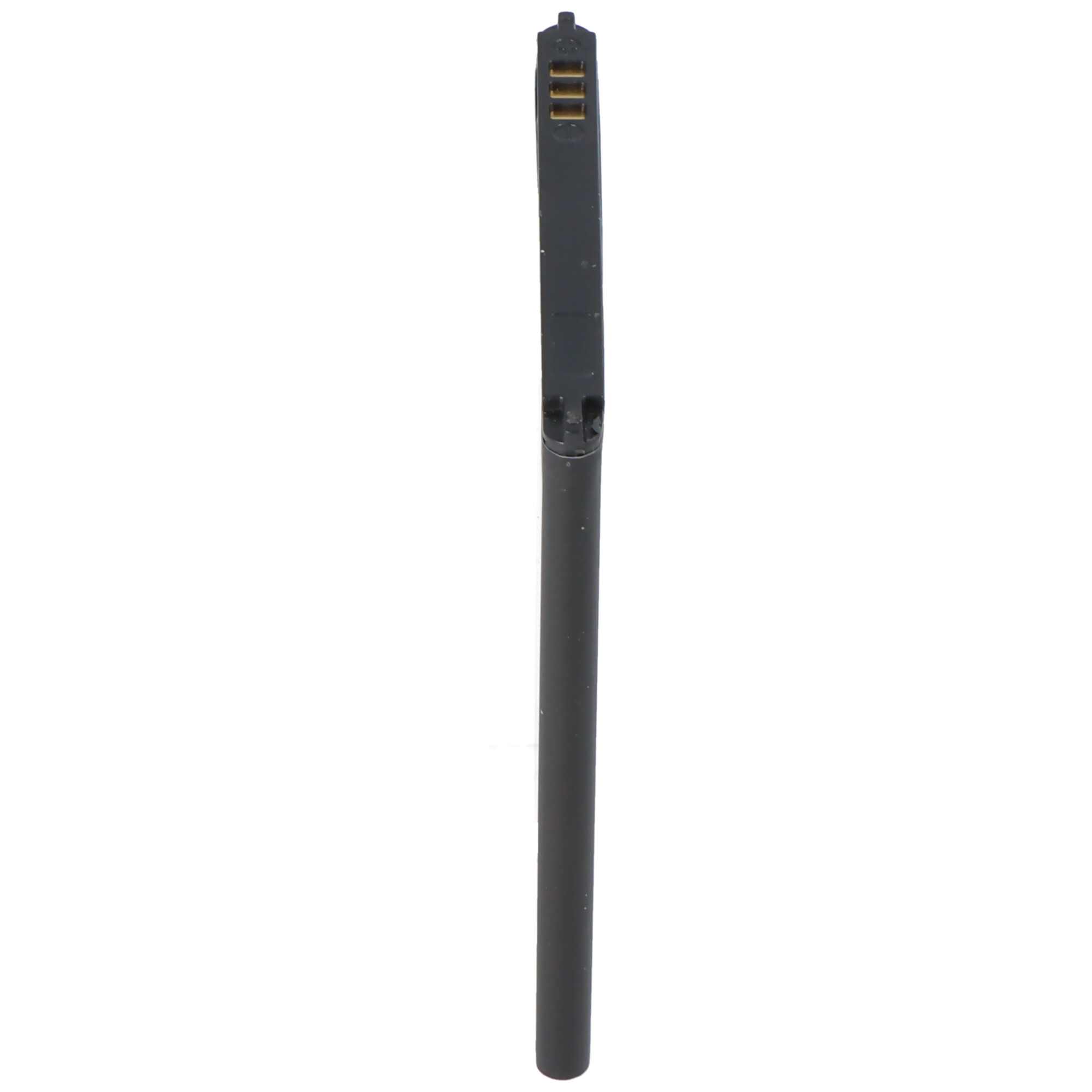 Ein schwarzer Stift, lang und dünn, von der Seite vor weißem Hintergrund gesehen.