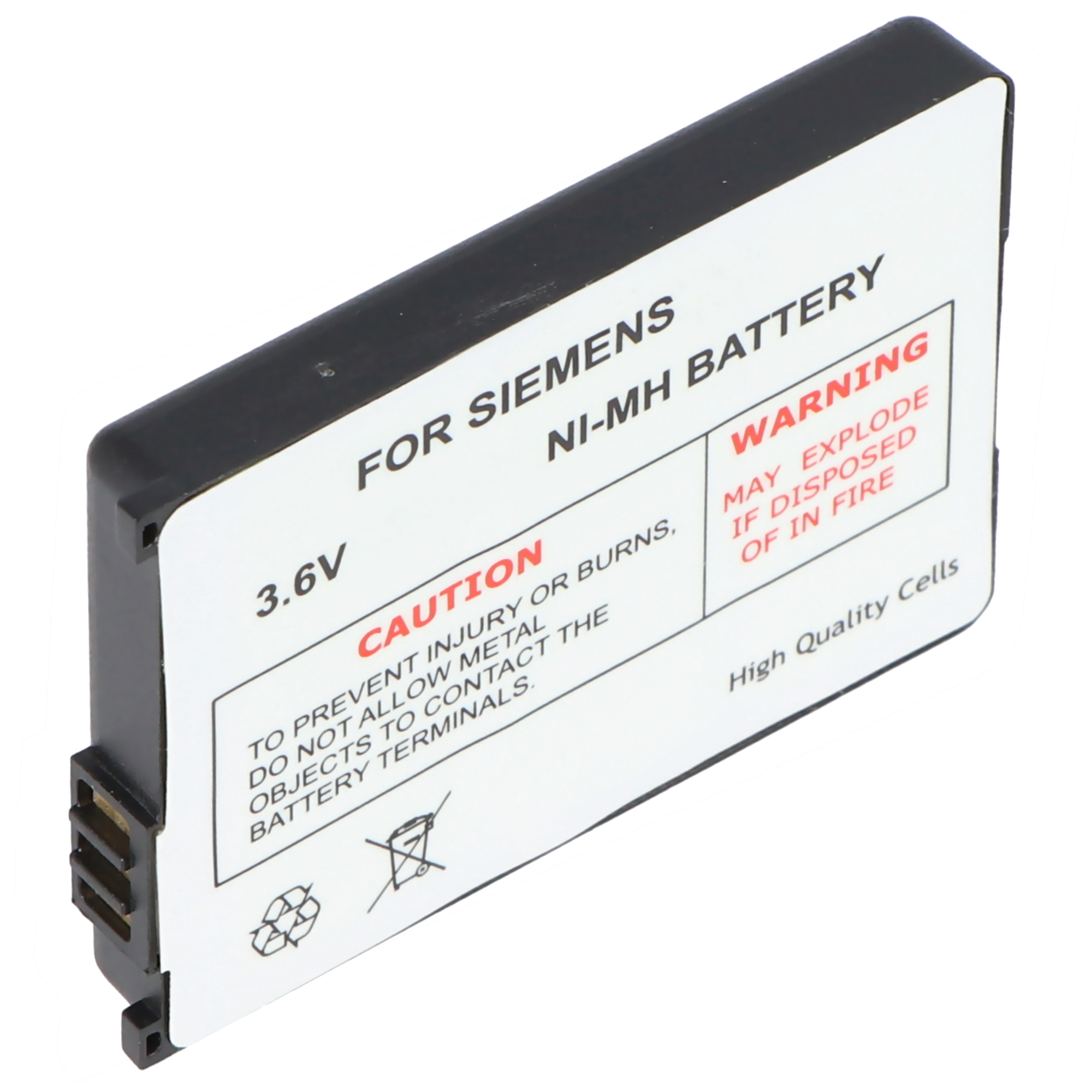 Eine Siemens NI-MH Batterie mit Warnhinweisen.