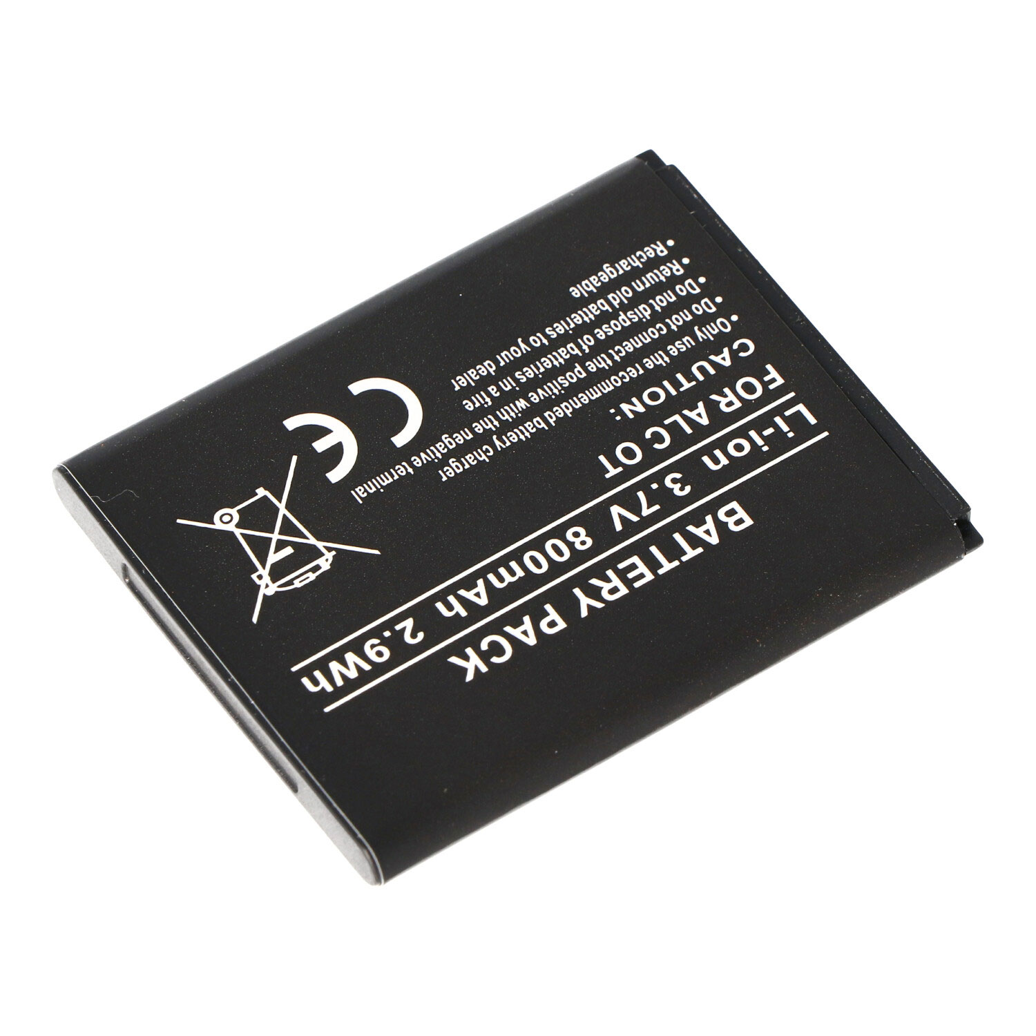 Eine schwarze rechteckige Batterie mit Text.