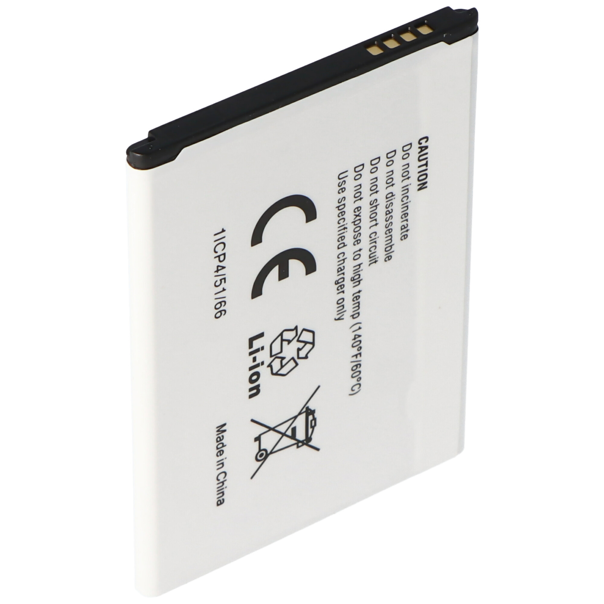 Weiße Telefonbatterie mit Warnungen, CE-Zeichen und Recyclingsymbolen. Schwarz-weißer Text. Weißer Hintergrund.
